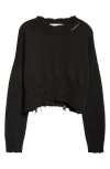 Marni Distressed Cotton Crop Sweater In Black