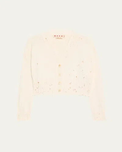 Marni Distressed Cotton Knit Cardigan In Lilywhite