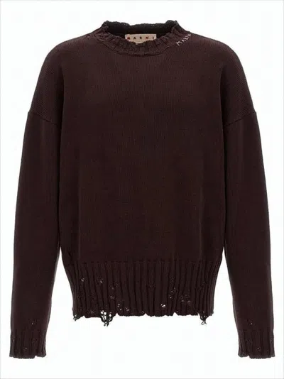 Marni Distressed Cotton Knit Sweater With Embroidered Logo In Black