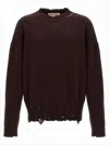 Marni Distressed Cotton Knit Sweater With Embroidered Logo In Burgundy