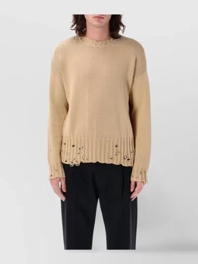Marni Distressed Crew Neck Knit With Ribbed Hem And Cuffs In Beige