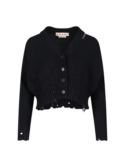 Marni Distressed Cropped Knitted Cardigan In Black