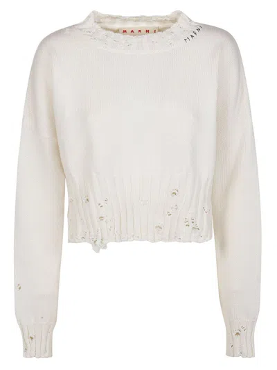 Marni Distressed-finish Cropped Jumper In White