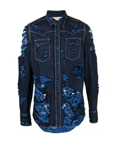 MARNI BLUE DENIM SHIRT WITH RIPS