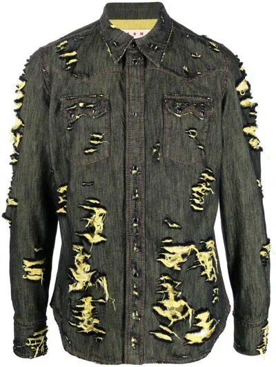 Marni Distressed Denim Shirt In Black