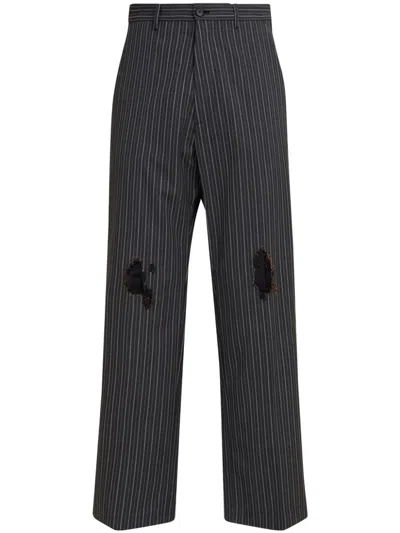 Marni Patch Stitched Distressed Pinstripe Trousers In Black