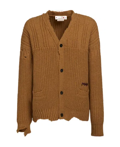 Marni Distressed-finish Cable-knit Cardigan In Beige