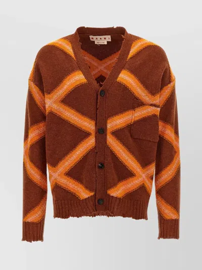 Marni Geometric-pattern Virgin Wool Cardigan In Brown