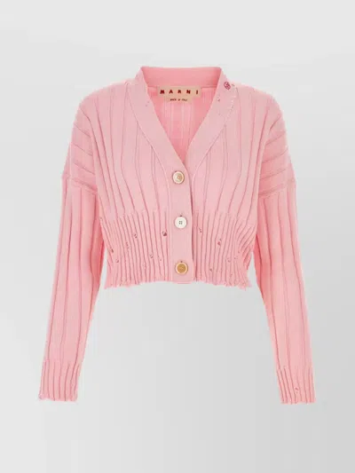 Marni Distressed Hem Cropped Cotton Cardigan In Pink