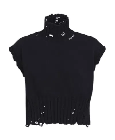 Marni Distressed-knit Logo-stitch Sleeveless Vest In Black