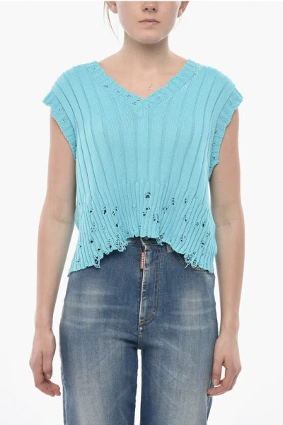 Marni Distressed Knit Vest With V-neck In Blue