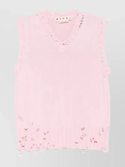 Marni Distressed V-neck Sleeveless Knitwear In Pink