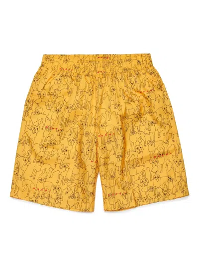 Marni Kids' Dog-print Swim Shorts In Yellow