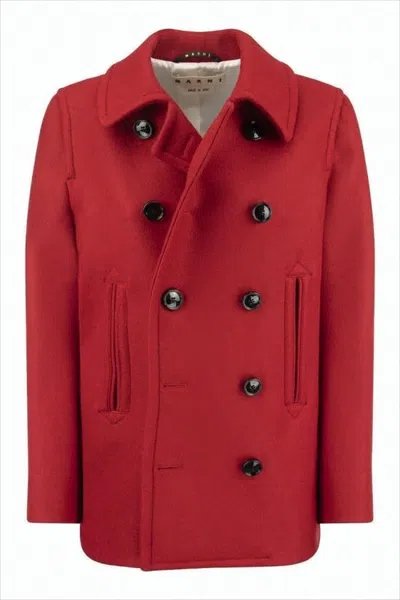 Marni Double-breasted Cropped Wool Coat With Unique Button Detailing In Red