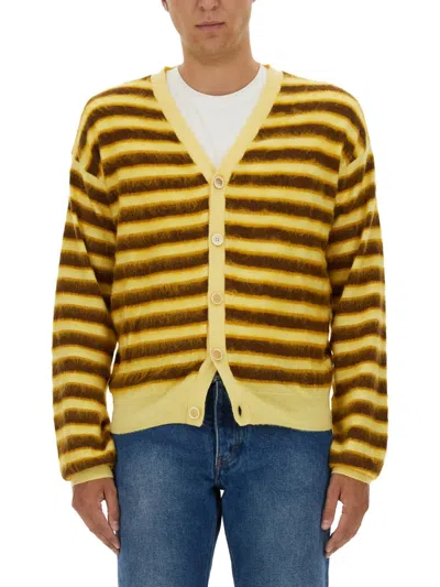 Marni Striped V-neck Knit Cardigan With Ribbed Finish In Yellow