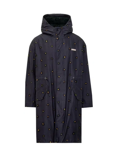 Marni Gabardine Draft Flower Trench In Navy