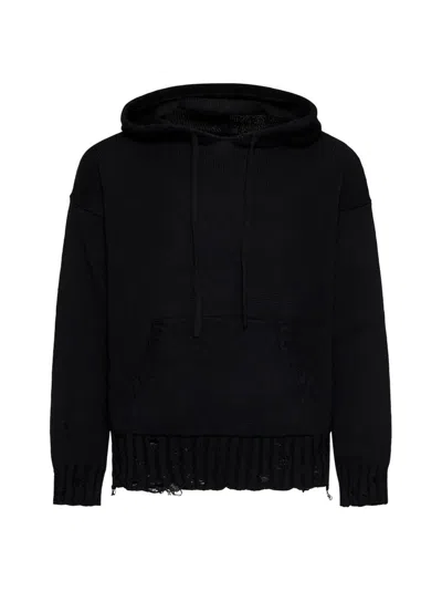 Marni Drawstring Distressed Knitted Hoodie In Black