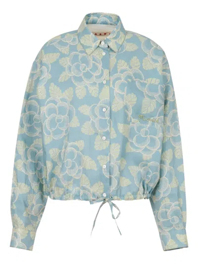 Marni Drawstring Floral Shirt In Blue