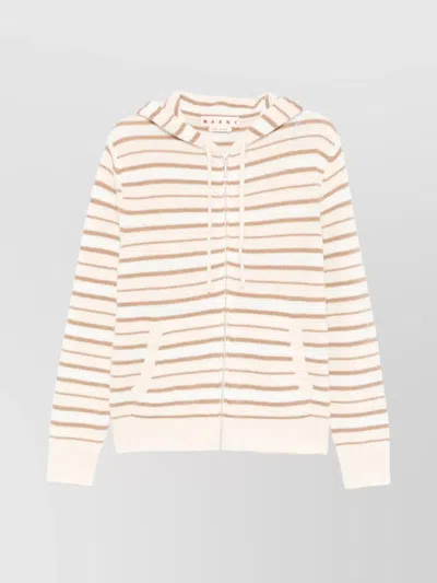 Marni Drawstring Hood Striped Kangaroo Pocket Cardigan In Brown