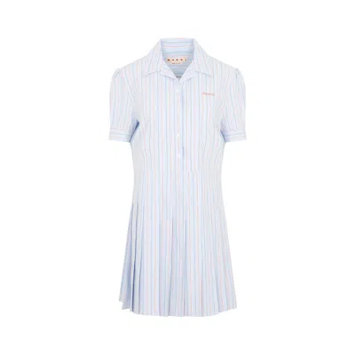 Marni Pleated Striped Cotton-poplin Shirt Dress In Light Blue