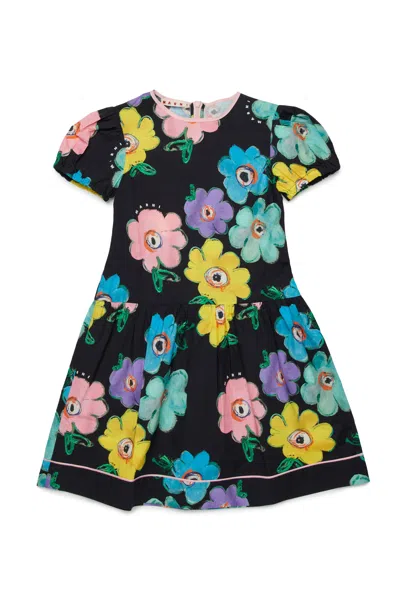 Marni Kids' Floral Puff-sleeves Dress In Black
