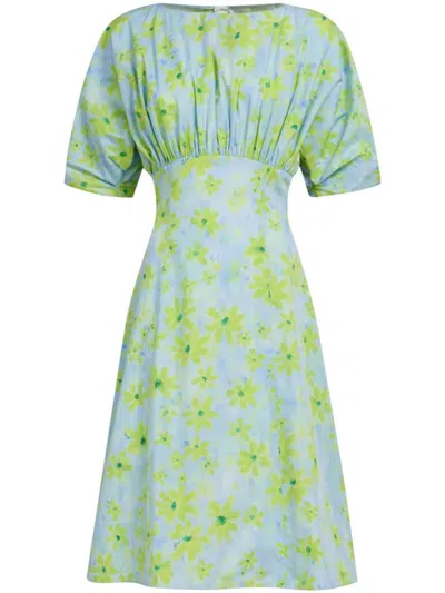 Marni Gathered Floral-print Cotton Dress In Red