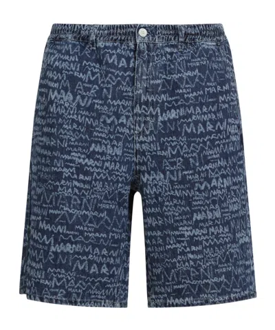 Marni Logo Denim Shorts In Blue