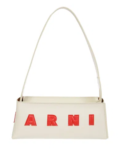 Marni Elongated Silhouette Shoulder Bag With Bold Lettering In White
