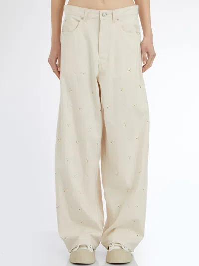 Marni Embroidered Cotton Trousers In Neutral