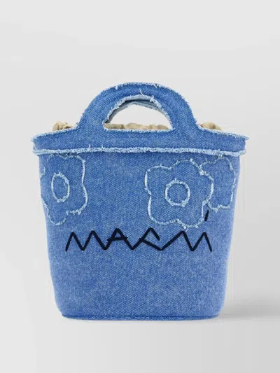 Marni Embroidered Denim Bucket Bag With Frayed Edges In Blue