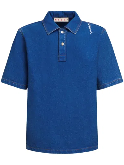 Marni Embroidered Denim Polo In Blue
