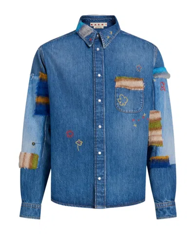 Marni Embroidered Denim Shirt In Blue