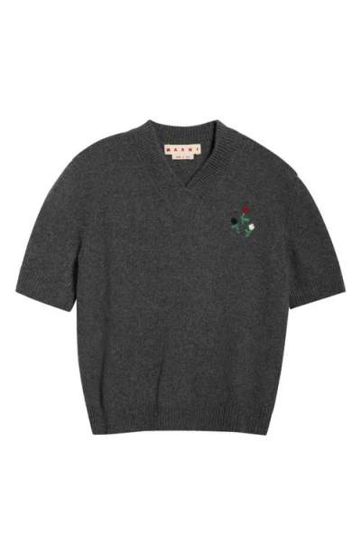 Marni Embroidered Flowers Short Sleeve Wool & Cashmere V-neck Sweater In Gray