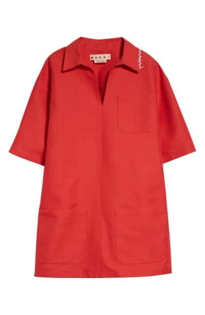 Marni Embroidered Logo Boxy Minidress In Crimson