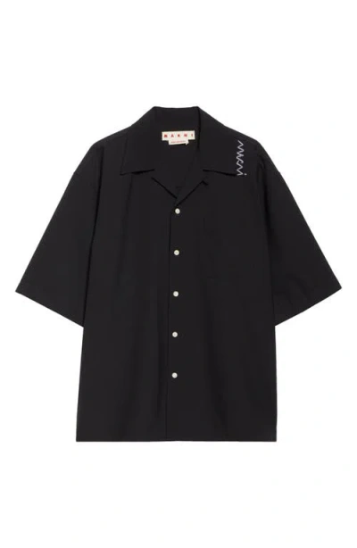 Marni Embroidered Logo Camp Shirt In Black