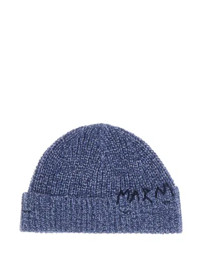 Marni Embroidered-logo Knit Beanie In Blue