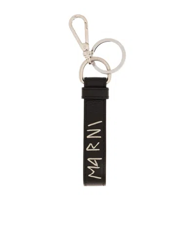 Marni Embroidered-logo Leather Keychain In Black