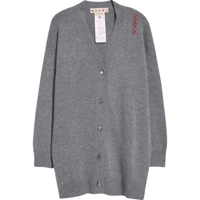Marni Embroidered Logo Oversize Virgin Wool & Cashmere Cardigan In Grey