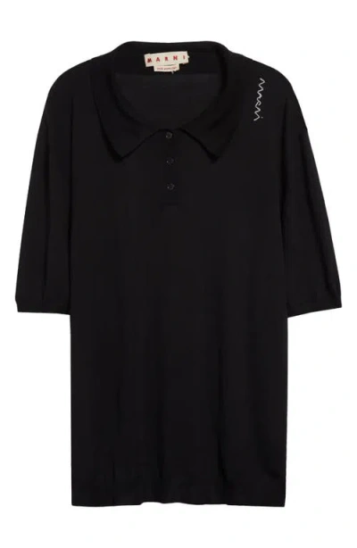 Marni Embroidered Logo Oversize Virgin Wool & Silk Polo Sweater In Black