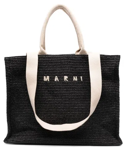 Marni Embroidered-logo Tote Bag In Black