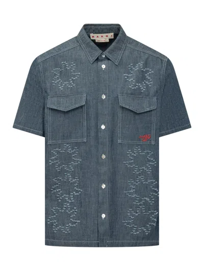 Marni Embroidered Mini Shirt With Pocket Detail In Orion Blue