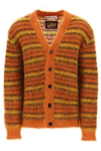 Pre-owned Marni Embroidered Mohair Blend Fuzzy-wuzzy Cardigan  In Lobster