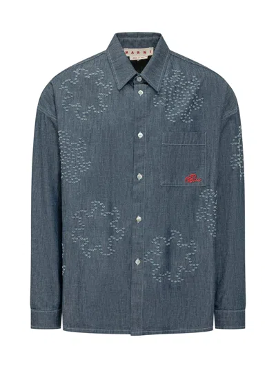 Marni Embroidered Pocket Shirt In Blue