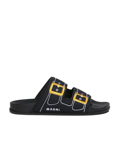 Marni Embroidered Slip-on Slides In Black