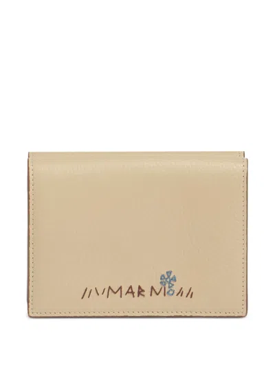 Marni Embroidered Trifold Leather Wallet In Neutral