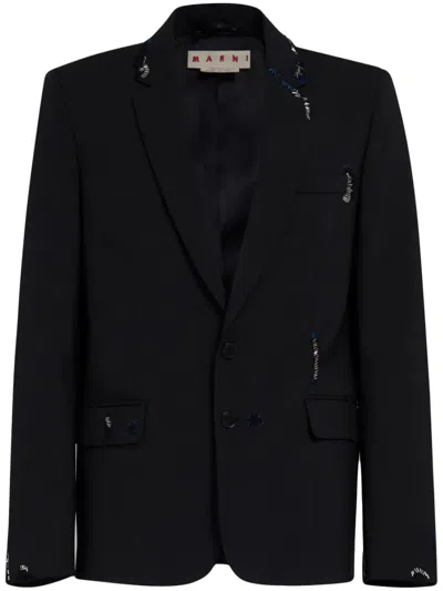 Marni Embroidered Virgin Wool Blazer In Black
