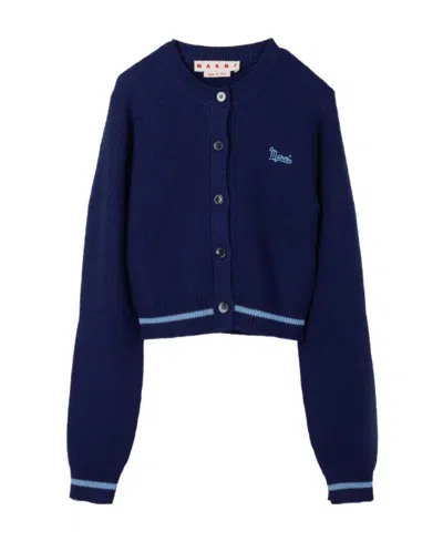 Marni Embroidered Virgin Wool Cardigan In Blue