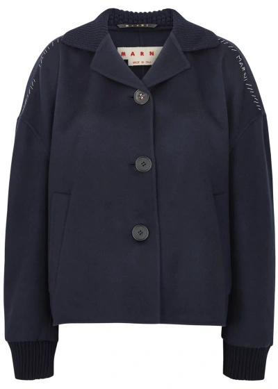 Marni Embroidered Wool-blend Jacket In Dark Blue