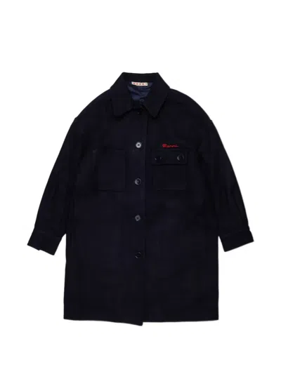 Marni Kids' 로고 자수 싱글 브레스티드 코트 In Black
