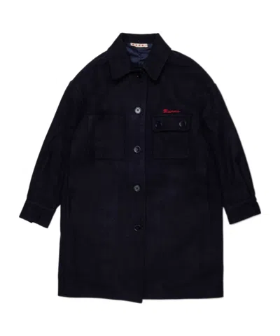 Marni Embroidered-logo Single-breasted Coat In Blue
